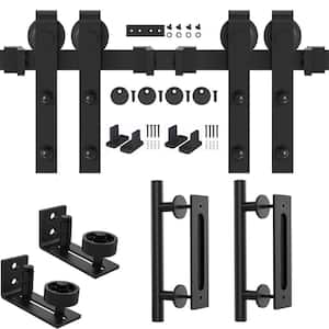 144 in. Frosted Black J Shape Sliding Barn Door Track and Hardware Kit with Handle Set
