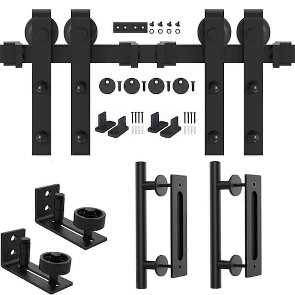 WINSOON 144 in. Frosted Black J Shape Sliding Barn Door Track and Hardware Kit with Handle Set