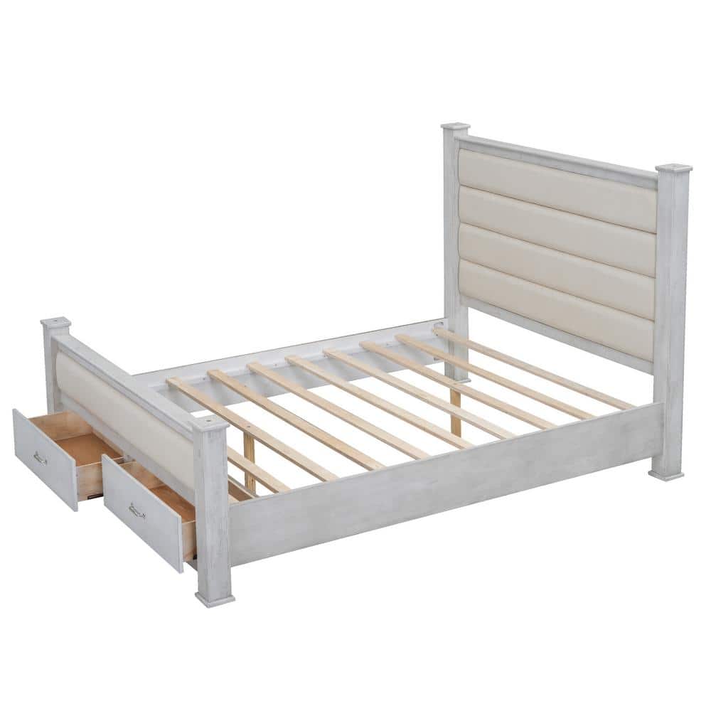 Antique White Queen Pine Wood Platform Bed with Upholstered Headboard and Storage Drawers