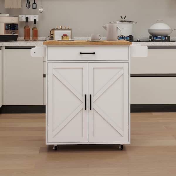 tunuo White Wood 37.99 in. Kitchen Island with Drawer, adjustable shelf, towel rack, seasoning rack and wide base, big storage