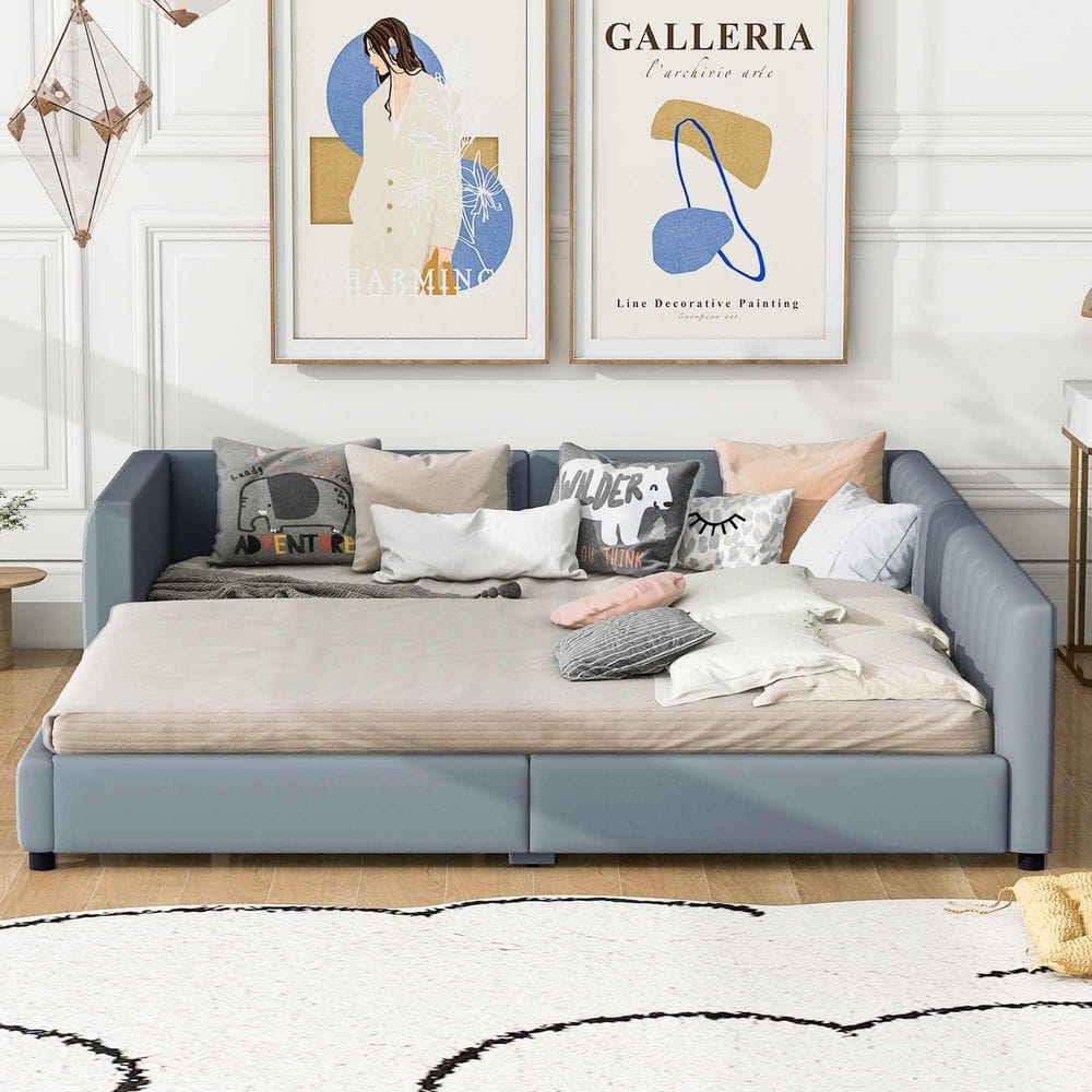 Gray Wood Frame Queen Size Platform Bed with Twin XL Size Child Bed