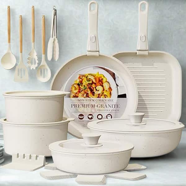 4 qt. 23-Piece Non-Stick Ceramic Cookware Set with Detachable Handles, Induction Compatible, Stackable, Cream White