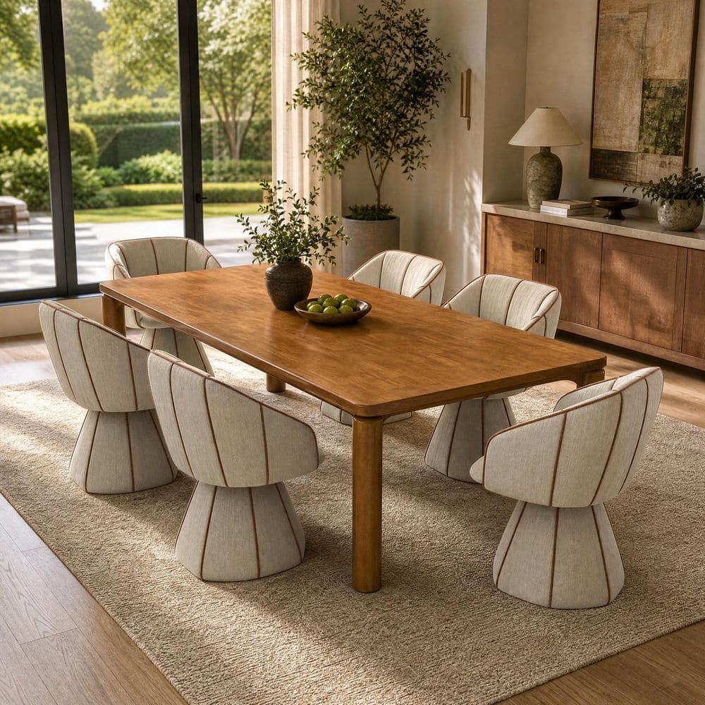 Modern 7-Piece Rectangular Walnut Wood MDF Top Dining Table Set with Swivel Barrel Back Chairs, Seats 6