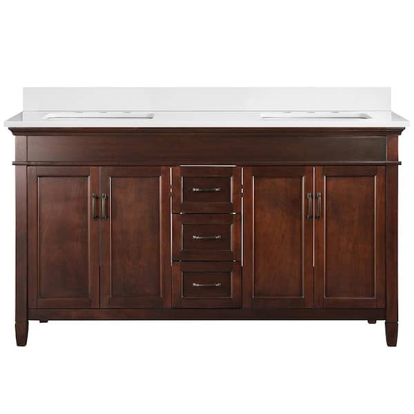Home Decorators Collection Ashburn 61 in. W x 22 in. D Bath Vanity in Mahogany with White Quartz Top