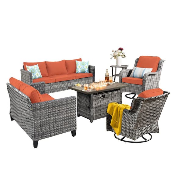 Muse 6-Pieces Wicker Outdoor Patio Rattan Rectangular Fire Pit Set and Swivel Rocking Chairs with Orange Red Cushions