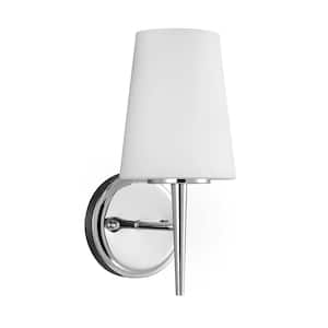 Driscoll 5 in. 1-Light Contemporary Modern Chrome Wall Sconce Bathroom Vanity Light with Etched White Glass Shade