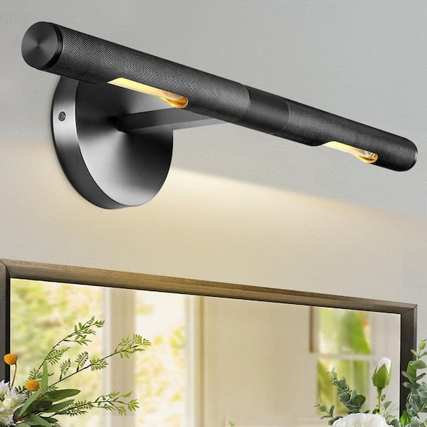 19 in. 2-Light Dimmable Black Wall Sconce, Knurled Picture Light, Hardwired Vanity Light for Gallery, Library, Painting