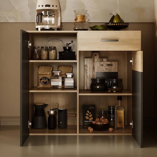 Dark Gray and Natural Wood 35. 4 in. Sideboard Buffet with 5-Shelves and 1-Drawers for Living Room or Kitchen
