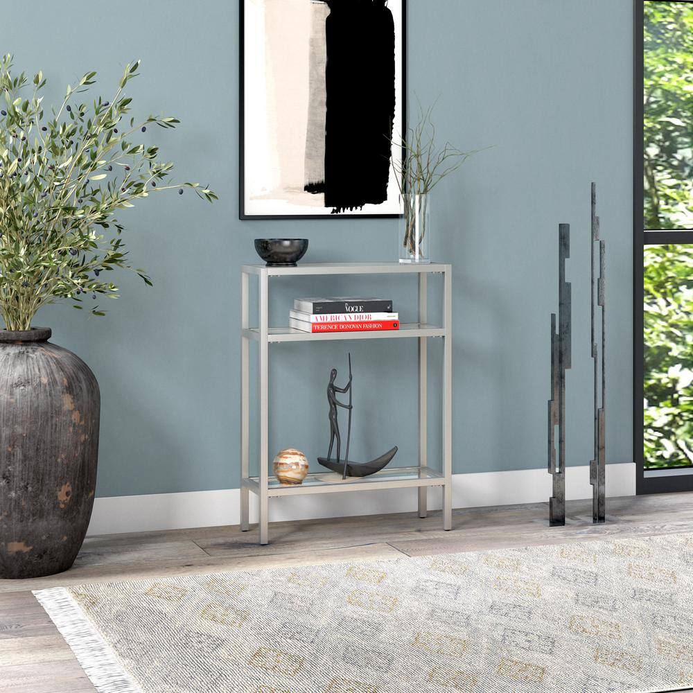 Elegant Satin Nickel 22" Metal & Glass Console Table with Shelf
