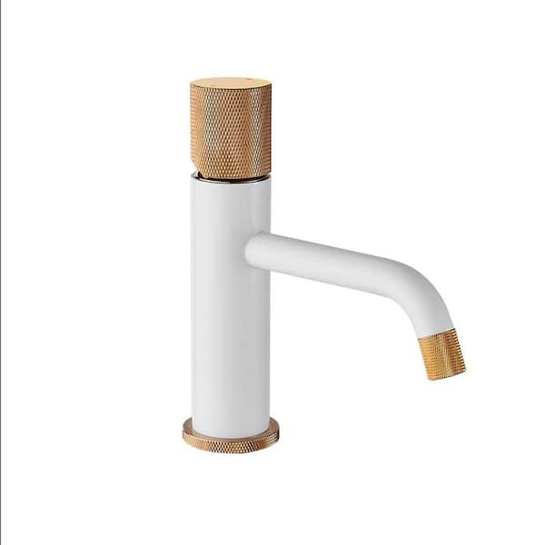 7.2 in. H Single Handle Single Hole Hot Cold Water Mixer Tap Bathroom Faucet with Supply Lines in Gold and White