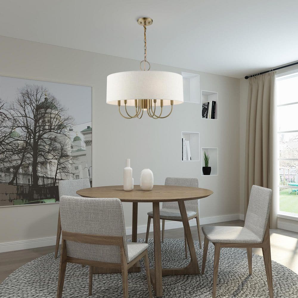 Blossom Antique Brass 7-Light Drum Chandelier with Oatmeal Shade