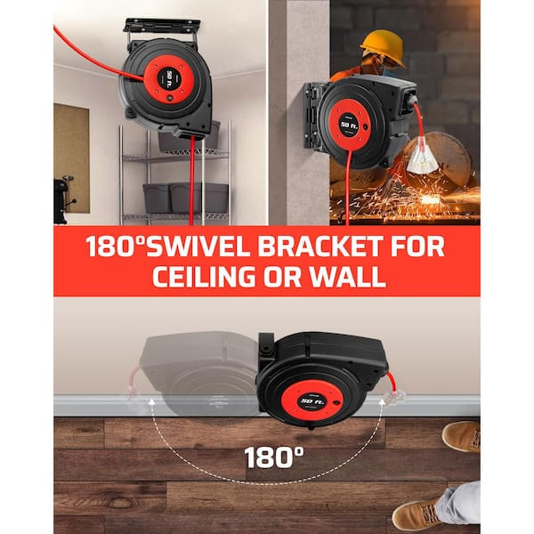 50 ft. 14/3 SJTOW 13 Amp Retractable Extension Cord Reel with 3-Lighted Triple Outlets, Red