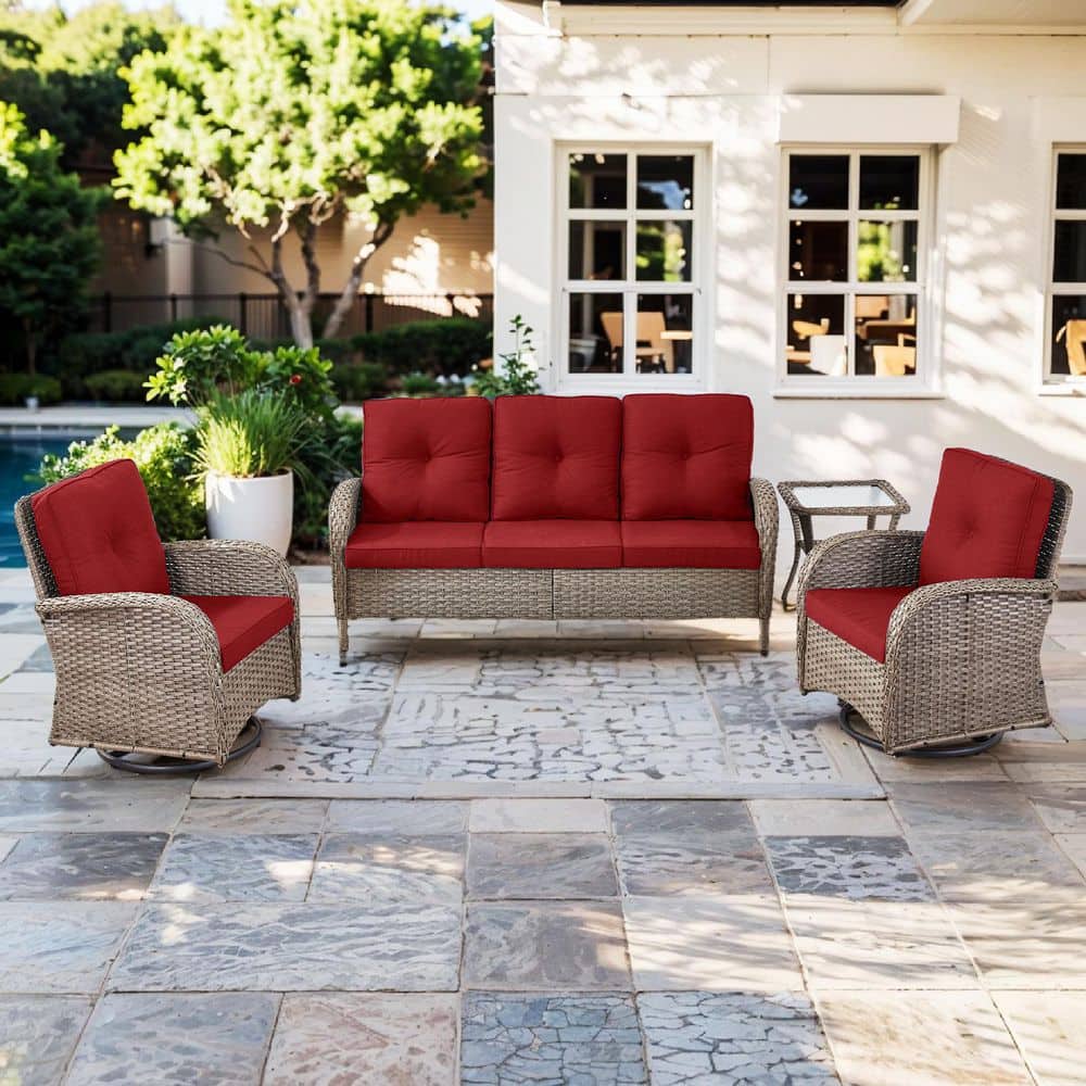 Rotavia 4-Piece Gray Swivel Chair Wicker Outdoor Lounge Chair Set Patio Conversation Set with Red Cushions price history on PriceWatchPro