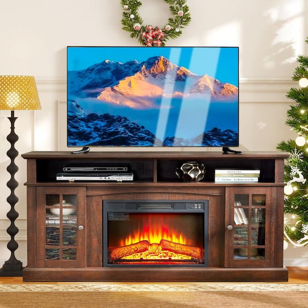 58.25 in. Freestanding Electric Fireplace TV Stand with 23 in. Electric Fireplace Insert, Storage Space, Espresso