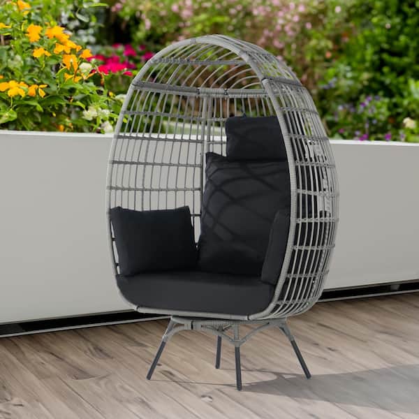 BFB Oversized Patio Gray Wicker Swivel Egg Chair, Indoor Outdoor Rattan Egg Chair
