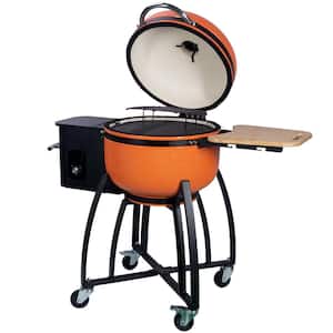 19.6 in. Dia Pellet Grill in Orange Finish with Double Ceramic Liner 4-in-1 Smoked Roasted BBQ Pan-Roasted
