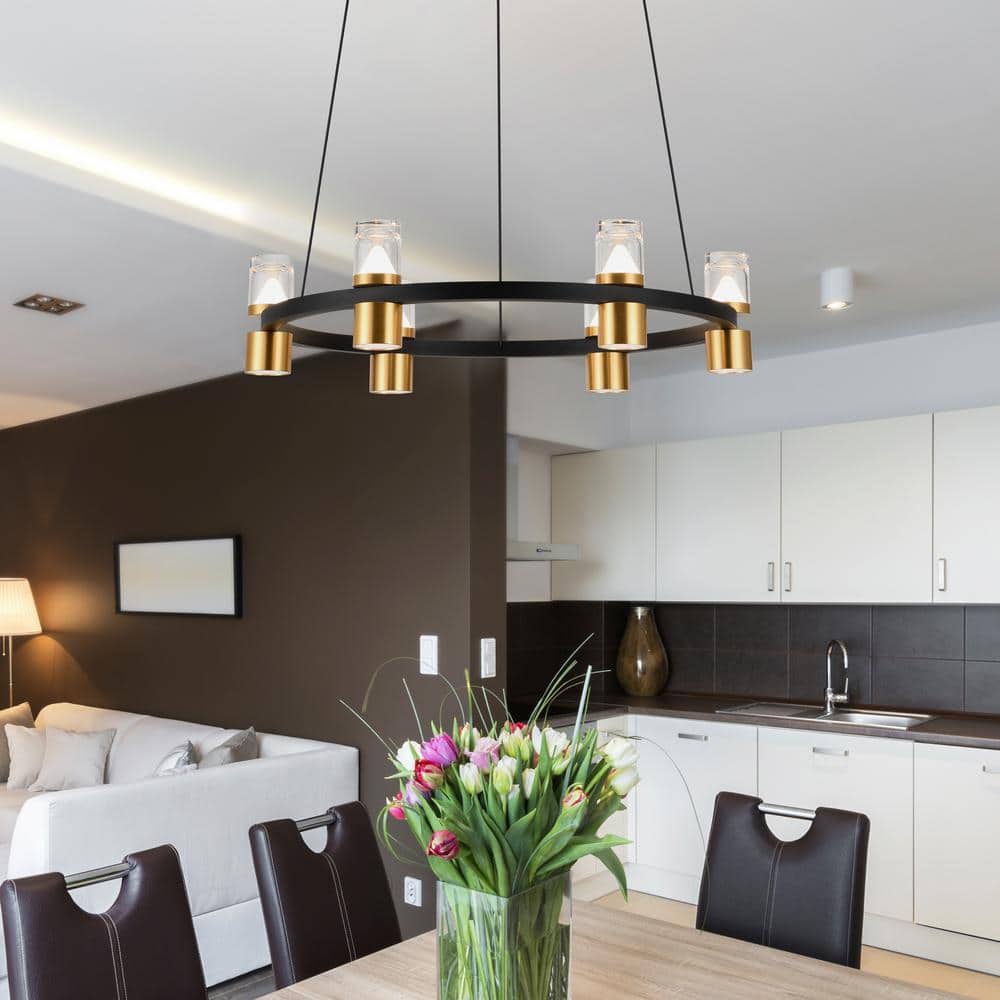Black and Gold Adjustable LED Ring Chandelier with Crystal Shades