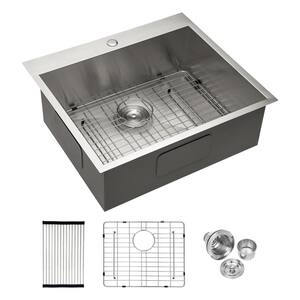 25 in. Drop-In Single Bowl 18-Gauge Brushed Nickel Stainless Steel Kitchen Sink with Rolling Drying Rack