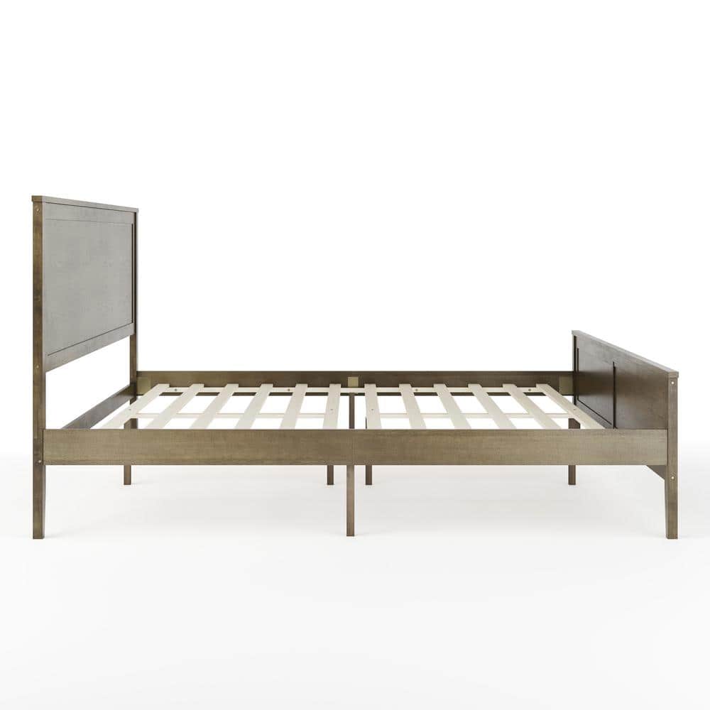 Brown Gray King Upholstered Wood Platform Bed with Headboard and Drawer