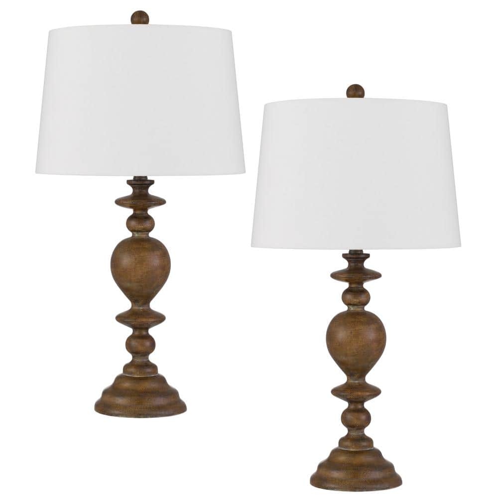 28.75 in. H Oak Resin Table Lamp Set with Drum Shade and Matching Finial (S