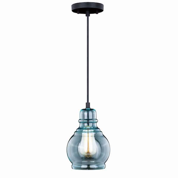 Millie 1-Light Oil Rubbed Bronze Shaded Farmhouse Jar Mini Pendant Ceiling Light Smoke Blue Glass