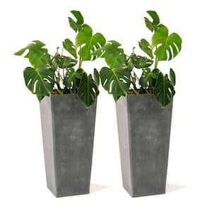 28 in. Tall Modern Square Plastic Planter, Tapered Floor Planter for Indoor and Outdoor, Patio Decor, Gray (Set of 2)