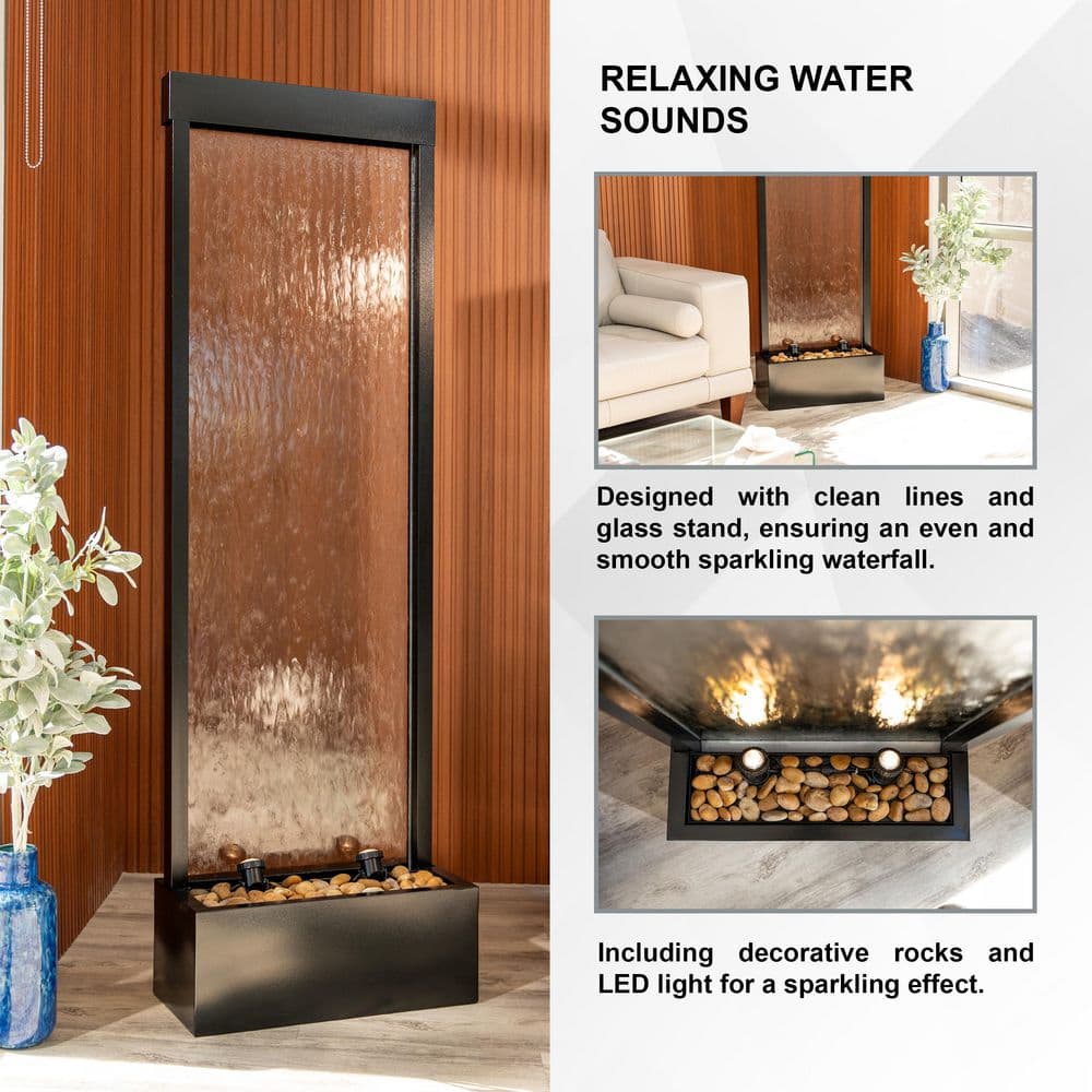 68" Black Aluminum and Clear Glass Freestanding Waterfall Fountain with LED Lights