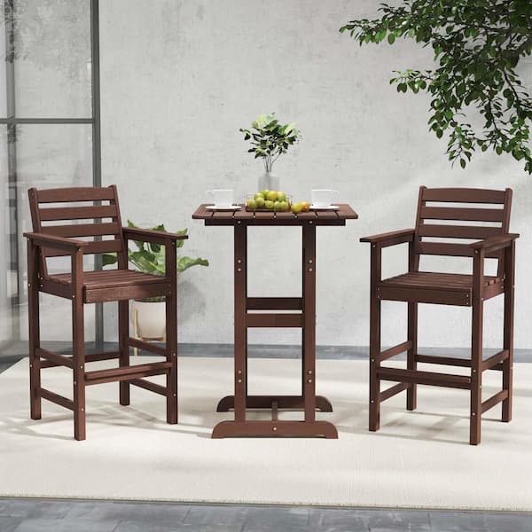 3-Piece Plastic Patio Conversation Set HDPE Armchairs with Square High-Top Table Footrest and Backrest Brown