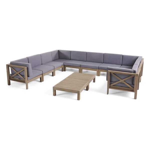 Noble House Hadlee Gray 12-Piece Wood Outdoor Sectional Set with Dark Gray Cushions