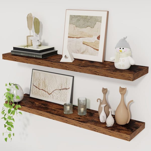 30 in. W x 6.5 in. D Rustic Brown Wall Mounted Shelf with Invisible Bracket Decorative Wall Shelf (2 Pack)