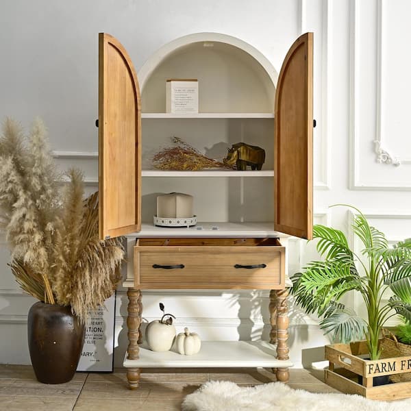 Ondine 67.13in.Rustic Natural plus White Arched Sideboard Accent Cabinet w/ Floral Carved Doors, Drawer and Open Storage