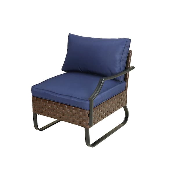 Patio Festival 1-Piece Brown Wicker Outdoor Left Arm Chair with Blue Cushions
