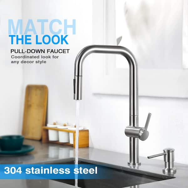 18 in. Single Handle Pull Down Sprayer Kitchen Faucet with 360° Spout and Soap Dispenser in Brushed Nickel