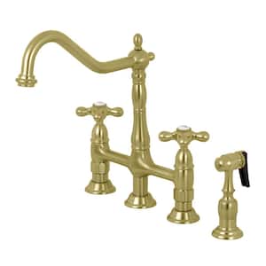 Heritage 2-Handle Bridge Kitchen Faucet with Brass Sprayer in Brushed Brass