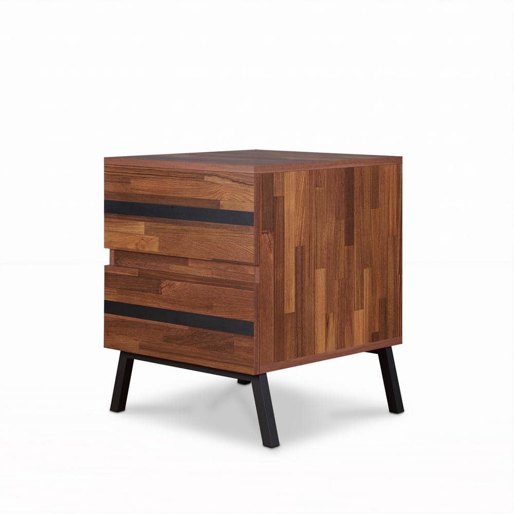 Walnut and Black Modern Rectangular Nightstand with Storage