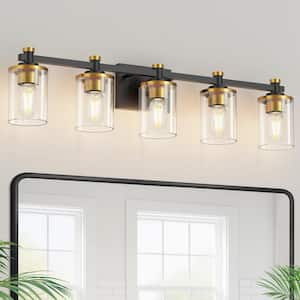 33 in. 5-Light Black and Gold Bathroom Vanity Light with Clear Glass Shades for Bathroom, Bedroom, or Hallway