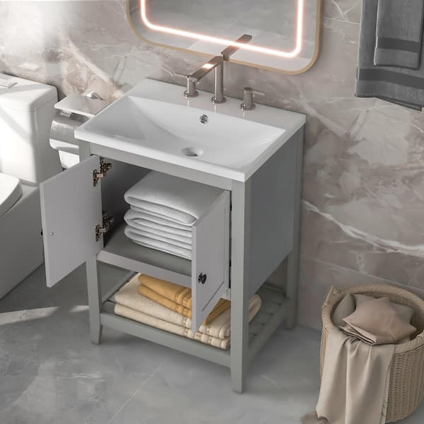 SEEUTEK Amadi 24 in. W x 18 in. D x 34 in. H Freestanding Bath Vanity in Gray with White Ceramic Top with White Sink