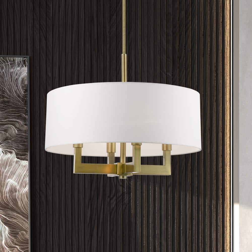 Antique Brass Cresthaven 4-Light Chandelier with Off-White Shade