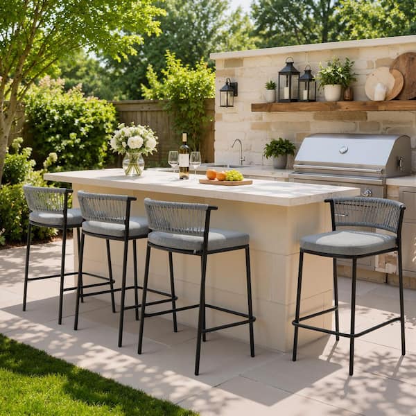 4-Pack Metal Bar Stool 26 in. Seat Height Outdoor Bar Stool with 2.75 in. Thick Cushion in Light Gray 500 lbs. Capacity