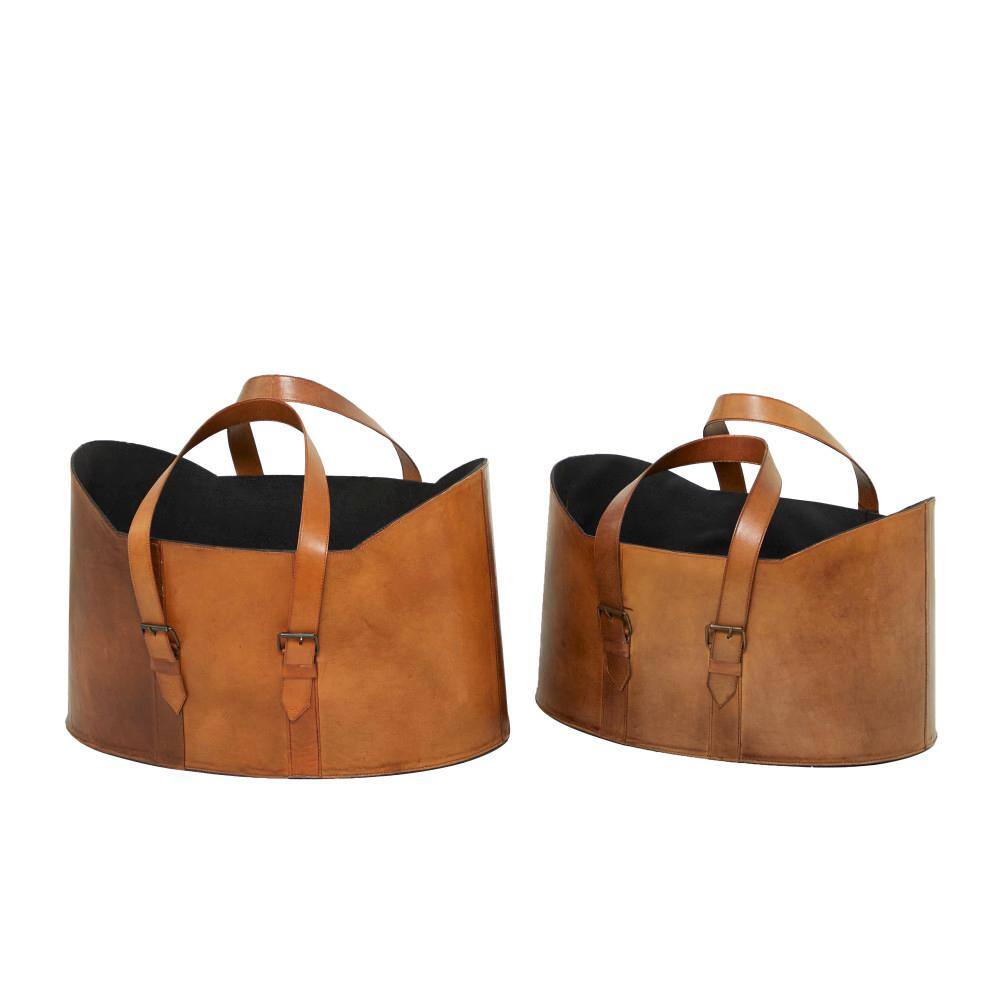 Handmade Dark Brown Leather Freestanding Magazine Holder Set