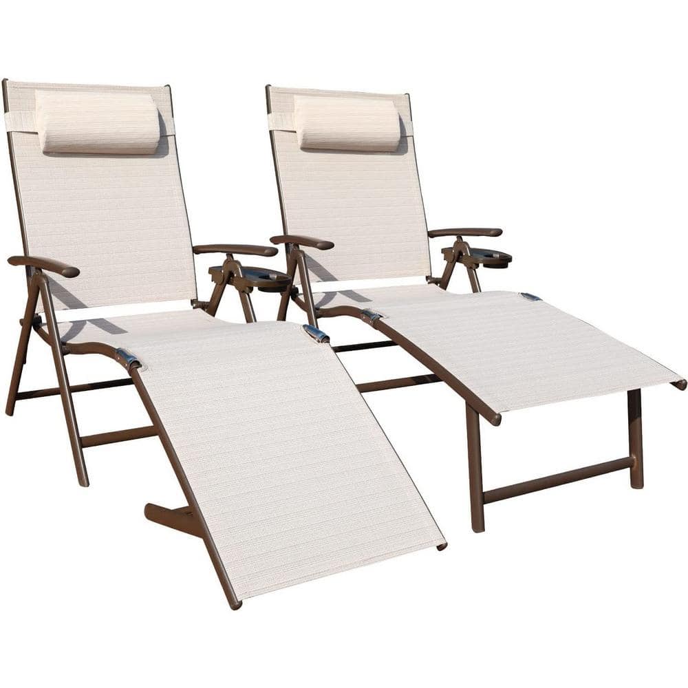 2-Piece Metal Folding Outdoor Chaise Lounge with Pillow, Beige