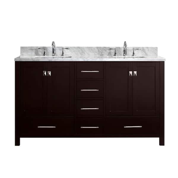 Virtu USA Caroline Avenue 60 in. W Bath Vanity in Espresso with Marble Vanity Top in White with Square Basin