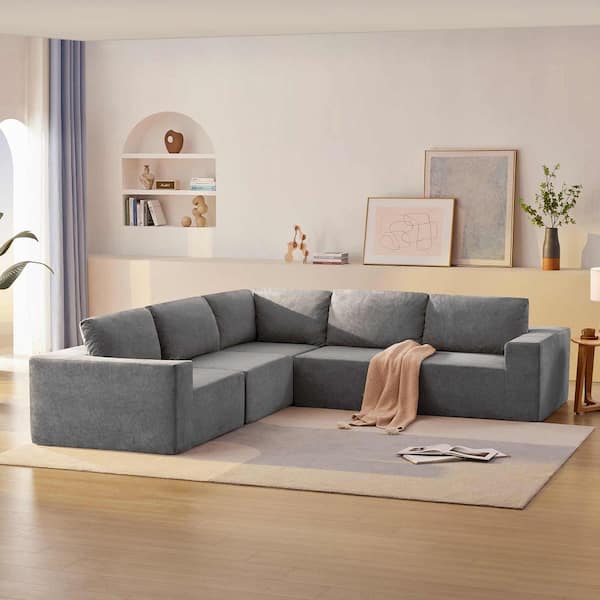Polibi 116 in. Square Arm Fabric L-shaped Sofa with 5 Pcs Free Combination in. Gray