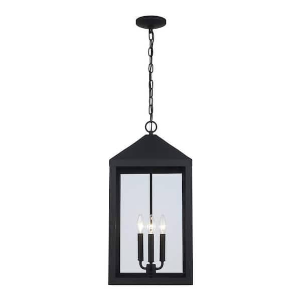 Bel Air Lighting Storm 25 in. 3-Light Black Outdoor Hanging Pendant Light Fixture with Clear Glass