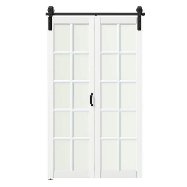 42 in. x 84 in. White, 10 Lite, Frosted Glass, Finished, MDF, Bi-Fold Style Sliding Barn Door with Hardware Kit