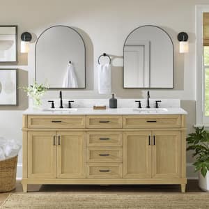 Talmore 72 in W x 22 in D x 35 in H Double Sink Bath Vanity in Light Oak With White Engineered Marble Top
