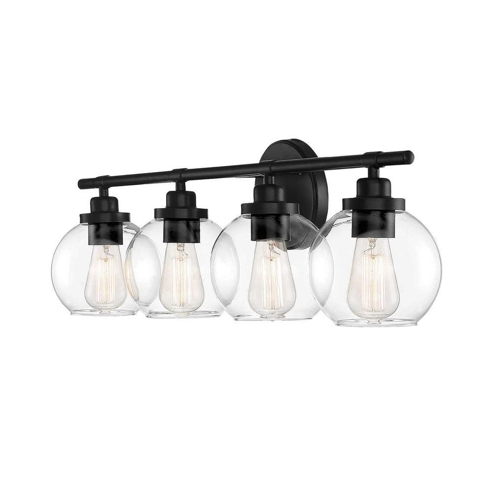 Matte Black 4-Light Bathroom Vanity Fixture with Frosted Glass Shades