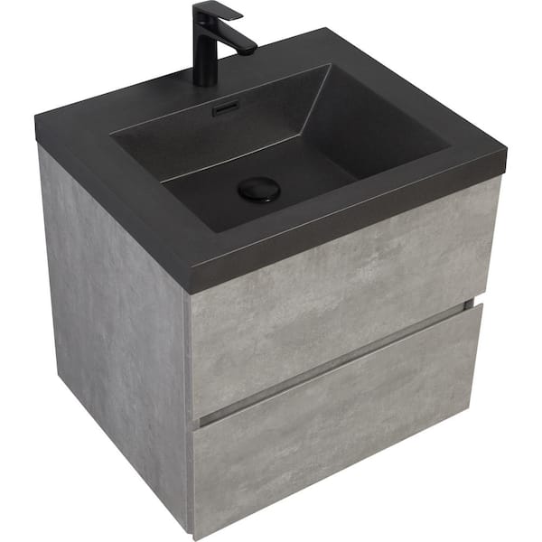 Qidian 23.62 in. W x 19. 68 in. D x 22. 44 in. H in Single of Sink Floating Grey Bath Vanity, with Black Quartz Sand Top Basin