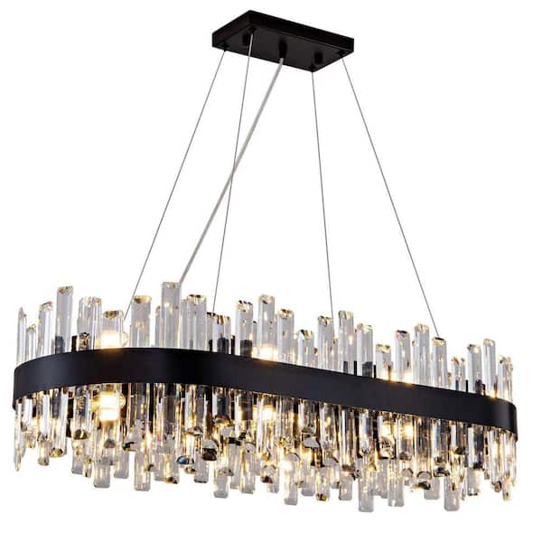 Gleam Flare 35.4 in. 16-Light Black Crystal Chandelier, Modern Rectangular K9 Crystal Hanging Pendant Ceiling Light Fixture