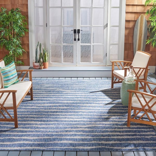 Courtyard Navy/Gray 7 ft. x 7 ft. Wave Striped Indoor/Outdoor Patio  Square Area Rug